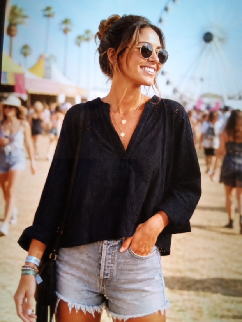 Madewell Long Sleeve Popover Top Eyelet Linen Viscose Blend Festival Office Sz L